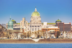 Harrisburg capitol building viewed from across Susquehanna river. Harrisburg is the state capital of Pennsylvania