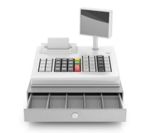 A machine used in places of business for regulating money transactions with customers