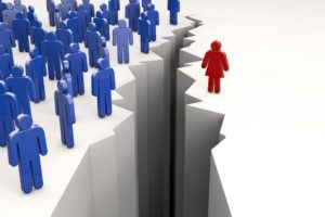 gender gap with men on one side of abyss and woman on the other