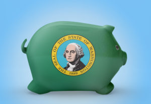 Side view of a piggy bank with the flag design of Washington.