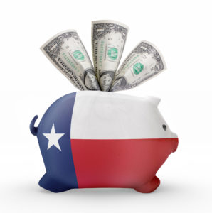 Side view of a piggy bank with the flag design of Texas.