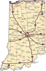 Highway map of the state of Indiana with Interstates and US Routes.  It also has lines for state and county routes (but not labeled) and many cities  on it as well.  All cities are the County Seats and the Capitol (and some others).