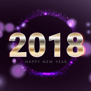 Happy new 2018 year shiny glowing purple and gold greeting card.
