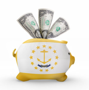 Side view of a piggy bank with the flag design of Rhode Island.