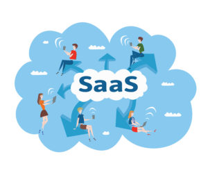 Concept of SaaS, software as a service. Men and women work in the cloud software on computers and mobile devices. Vector illustration, isolated on white background.