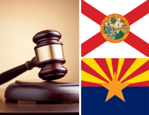 An image of a gavel next to the Florida and Arizona state flags.