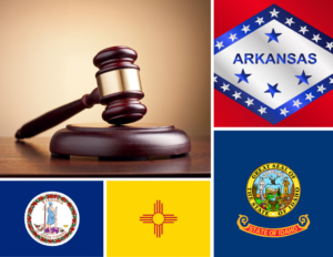 An image of a gavel next to the Arkansas, Idaho, Virginia and New Mexico state flags.