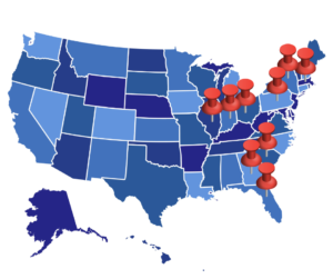 A map of the United States with thumbtacks in Florida, Georgia, Illinois, Indiana, Massachusetts, New York, Ohio, Pennsylvania and South Carolina.