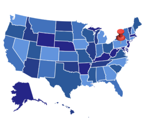 A map of the United States with a thumbtack in Massachusetts.