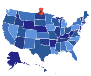 An image of the United States with a push-pin in North Dakota