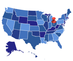 A map of the United States with a thumbtack in Ohio.