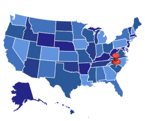 A map of the United States with a thumbtack in South Carolina.