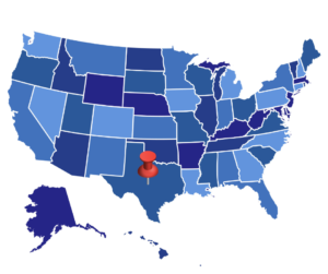 An image of the United States with a push-pin in Texas