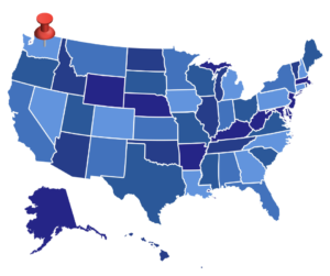 An image of the United States with a push-pin in Washington