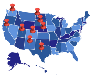 A picture of the United States with push-pins in the states featured in this article.