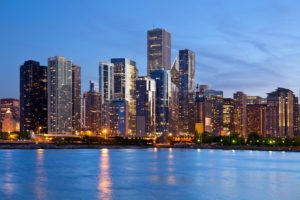 Chicago skyline. image of the chicago downtown skyline at dusk.