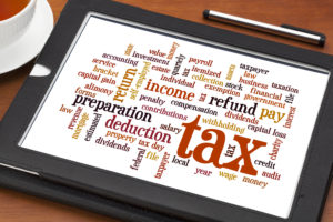 cloud  of words related to taxes, preparation, paying, income, refunds, on a digital tablet with a cup of tea